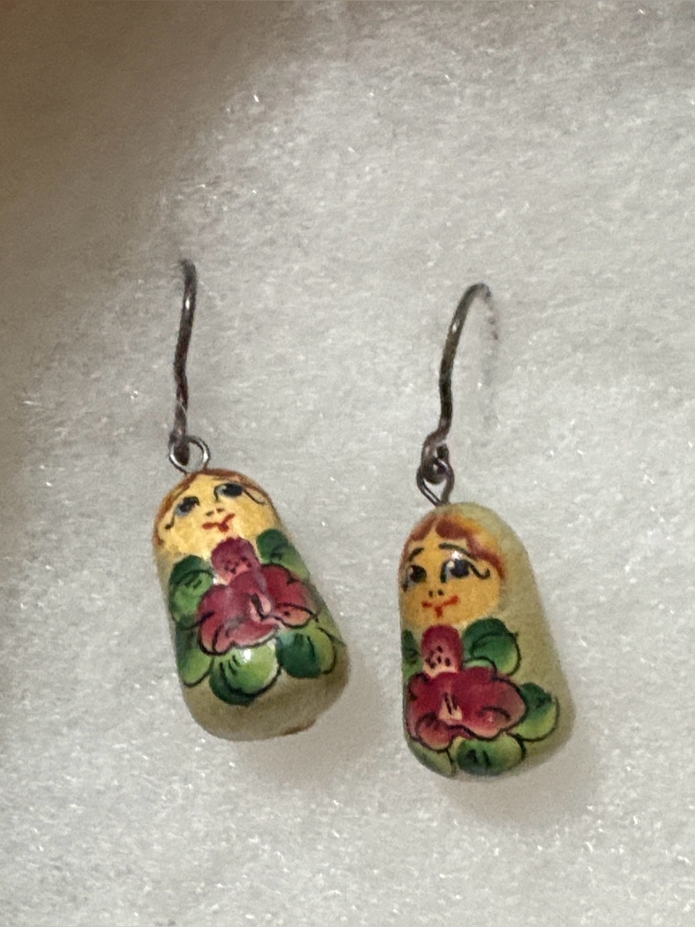 Vintage Hand-Painted Yellow Matryoshka Doll Drop Pierced Earrings